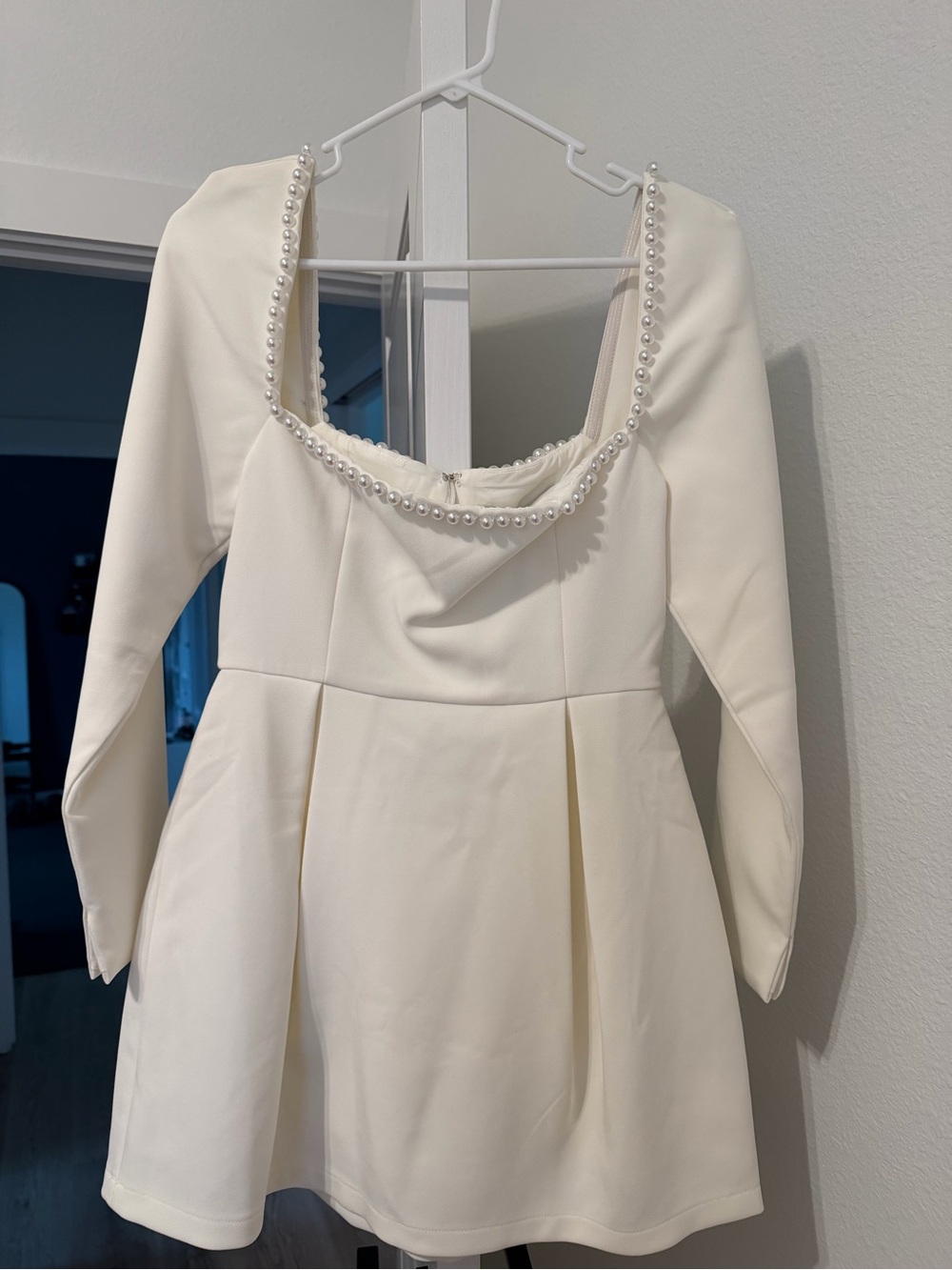 Pearl-Embellished Ivory Long-Sleeve Mini Wedding Dress